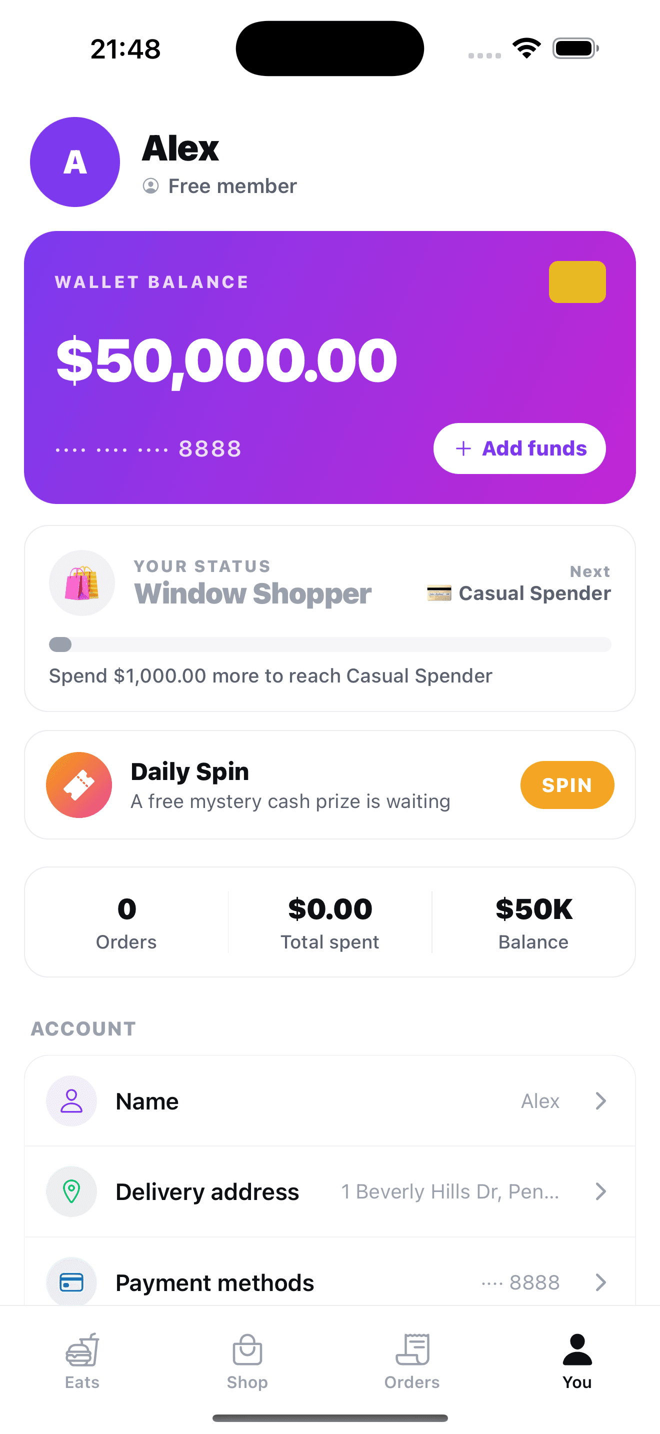 Splurge wallet showing a $50,000 pretend balance